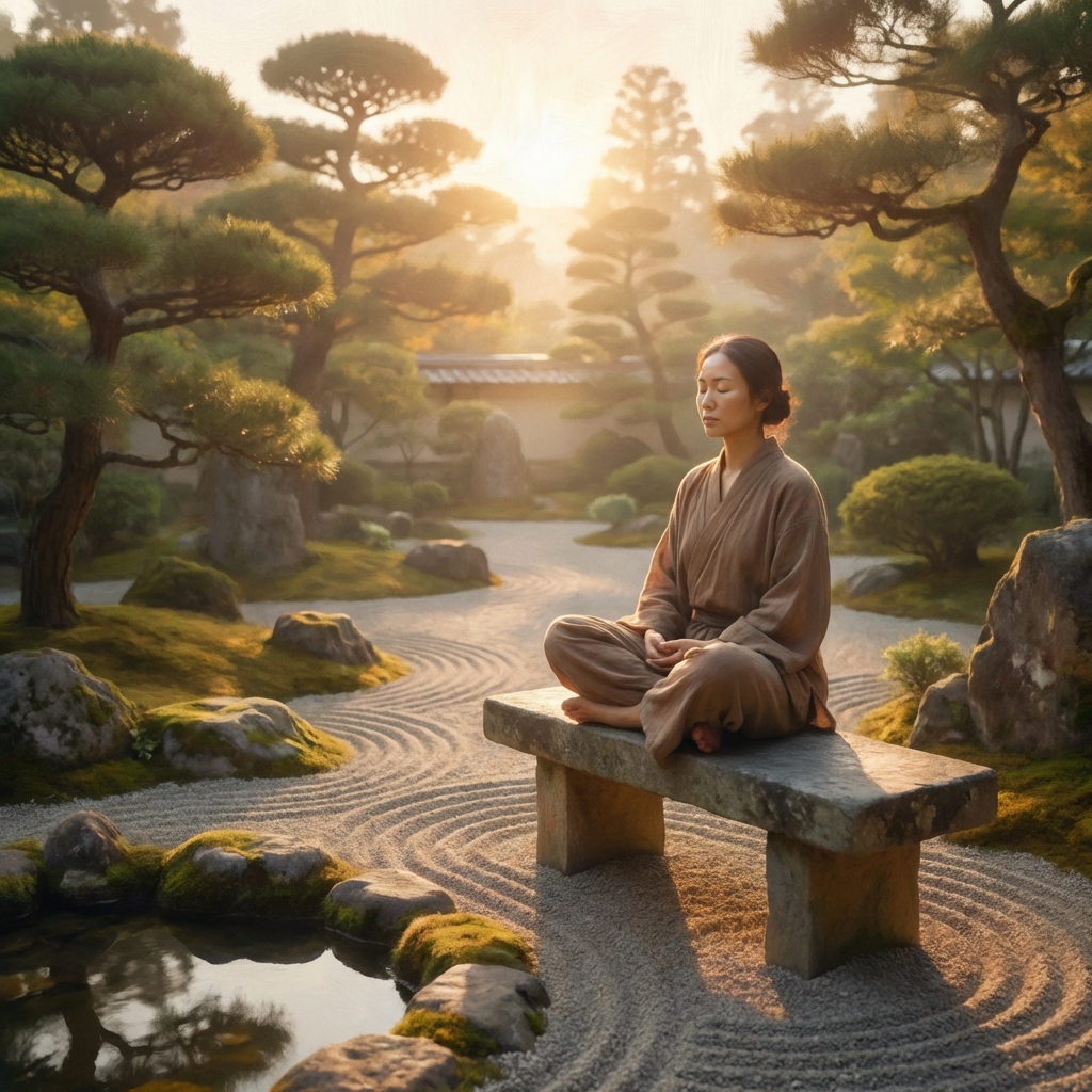 A person sitting in a peaceful Zen garden, meditating with closed eyes, sunset lighting, calm and serene atmosphere, artistic rendering, 1:1