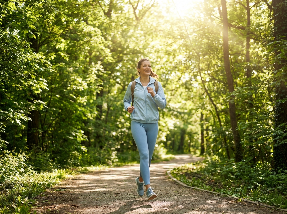 A person lightly jogging or walking in a lush green park, bright sunlight, energetic and healthy vibe, lifestyle photography, 4:3