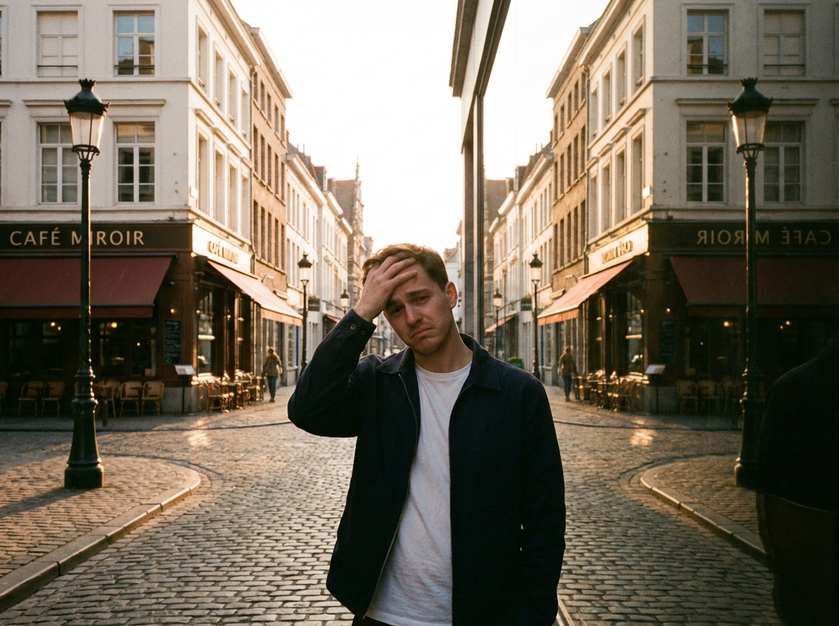 A young man standing in a European street that looks like a mirror image on both sides, expression of mild confusion, warm cinematic lighting, realistic photography style, 4:3