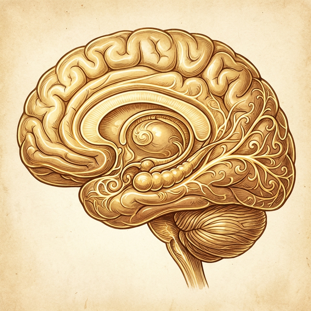 Artistic illustration of the human brain focusing on the temporal lobe and hippocampus areas, golden and warm tones, clean medical diagram style, no text, 1:1