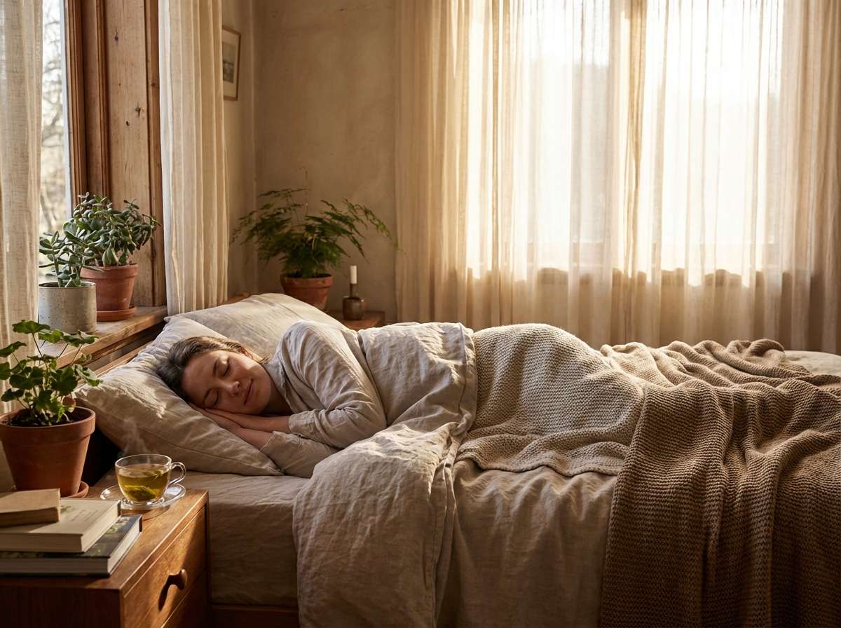 A person peacefully sleeping in a cozy bed with soft morning sunlight filtering through the window, calm and healing atmosphere, lifestyle photography, 4:3