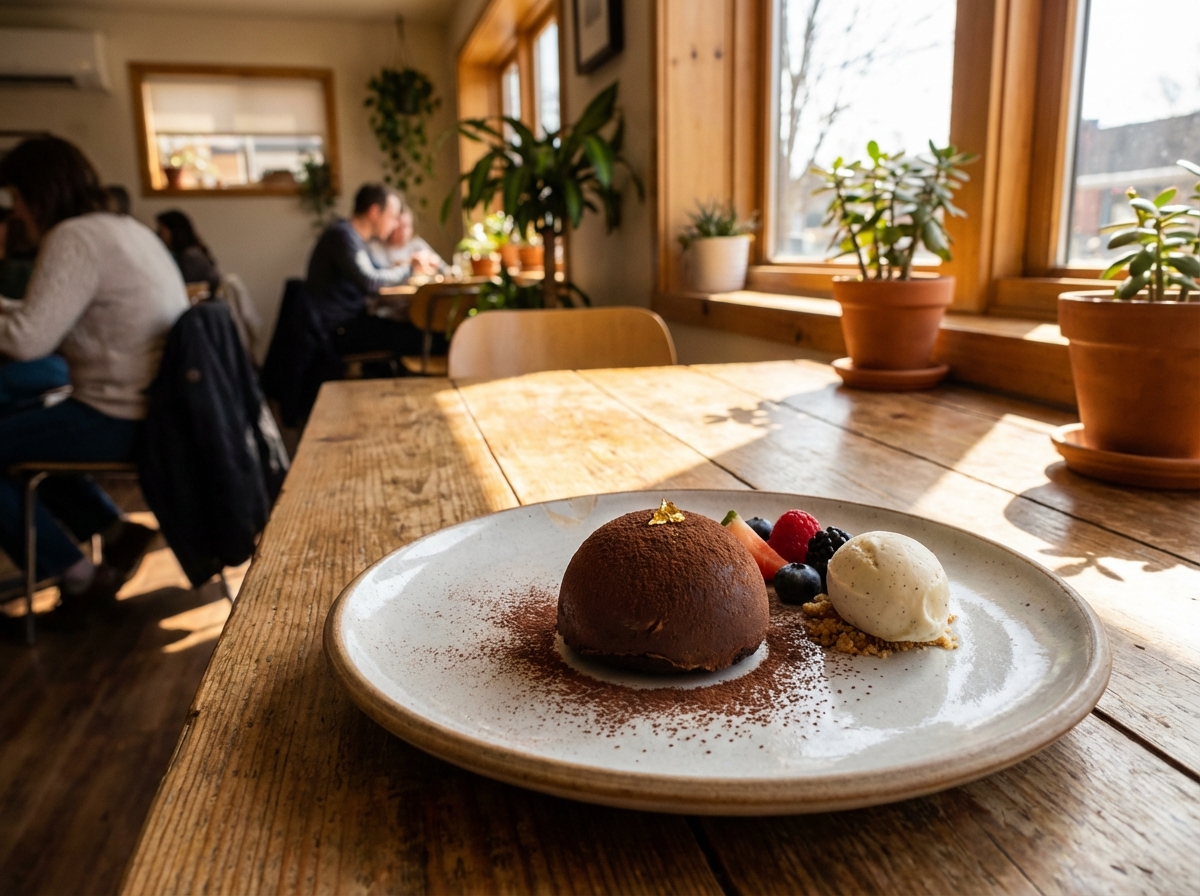 A high-quality lifestyle photograph of a premium chocolate dessert served on a modern ceramic plate, soft natural sunlight coming through a window, warm and inviting cafe atmosphere, 4:3