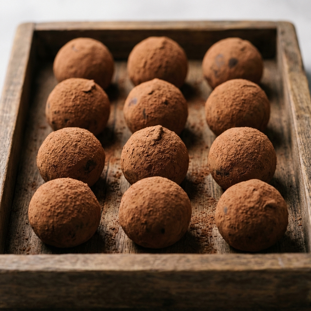 A close-up shot of several round chocolate balls coated with cocoa powder, arranged neatly on a wooden tray, professional food photography, soft studio lighting, 1:1