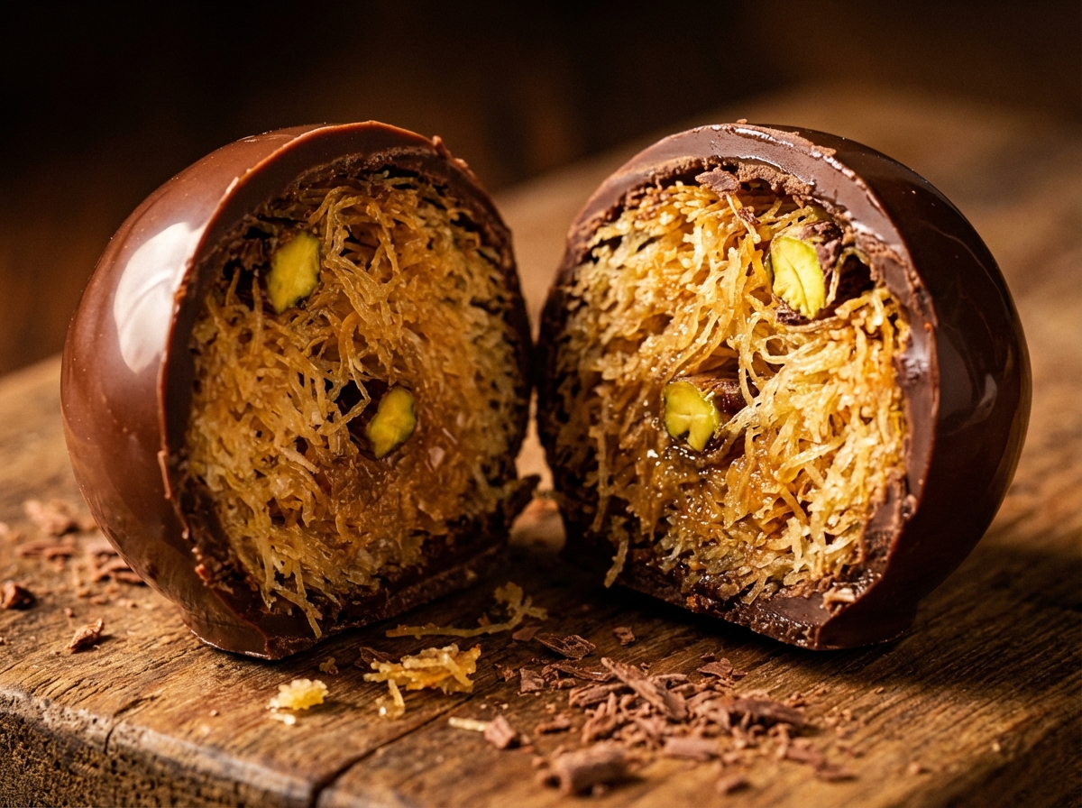 A macro shot of a chocolate ball cut in half, revealing a crunchy golden kadaif filling inside, detailed texture, warm lighting, high contrast, 4:3