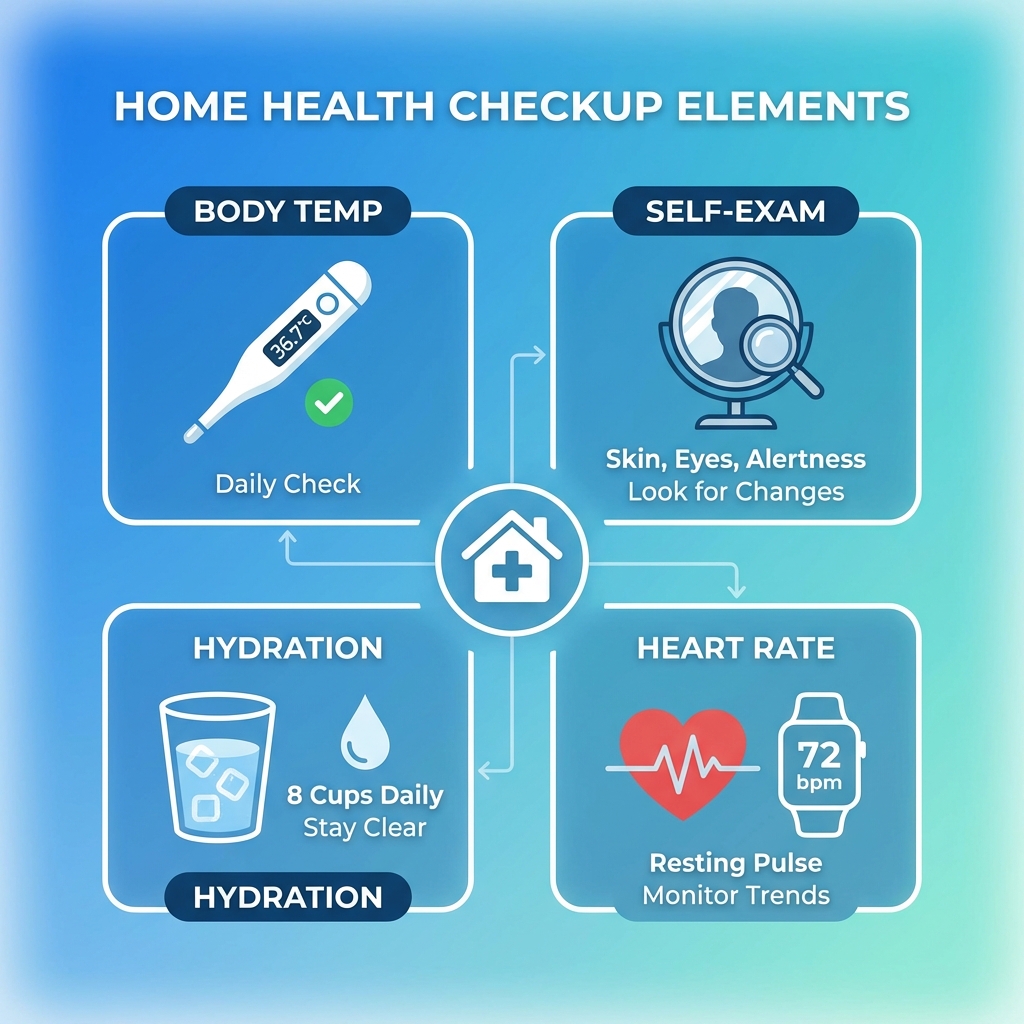 A clean and modern infographic showing various home health checkup elements like a thermometer, a mirror, a glass of water, and a heart icon on a soft blue gradient background, high contrast, 1:1
