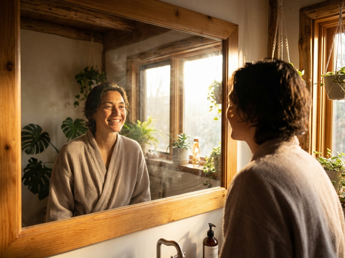 A lifestyle photography of a person looking into a bathroom mirror in the bright morning sunlight, focusing on a healthy facial expression, warm lighting, natural setting, 4:3