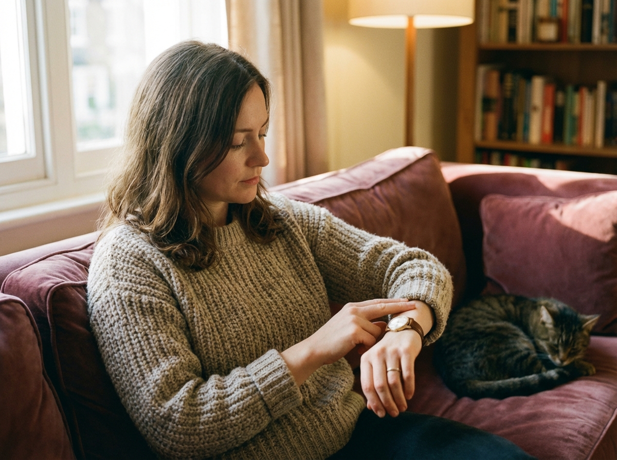 A lifestyle photography of a person sitting on a comfortable sofa wearing a cozy sweater, checking their wrist pulse while looking at a watch, warm indoor lighting, 4:3