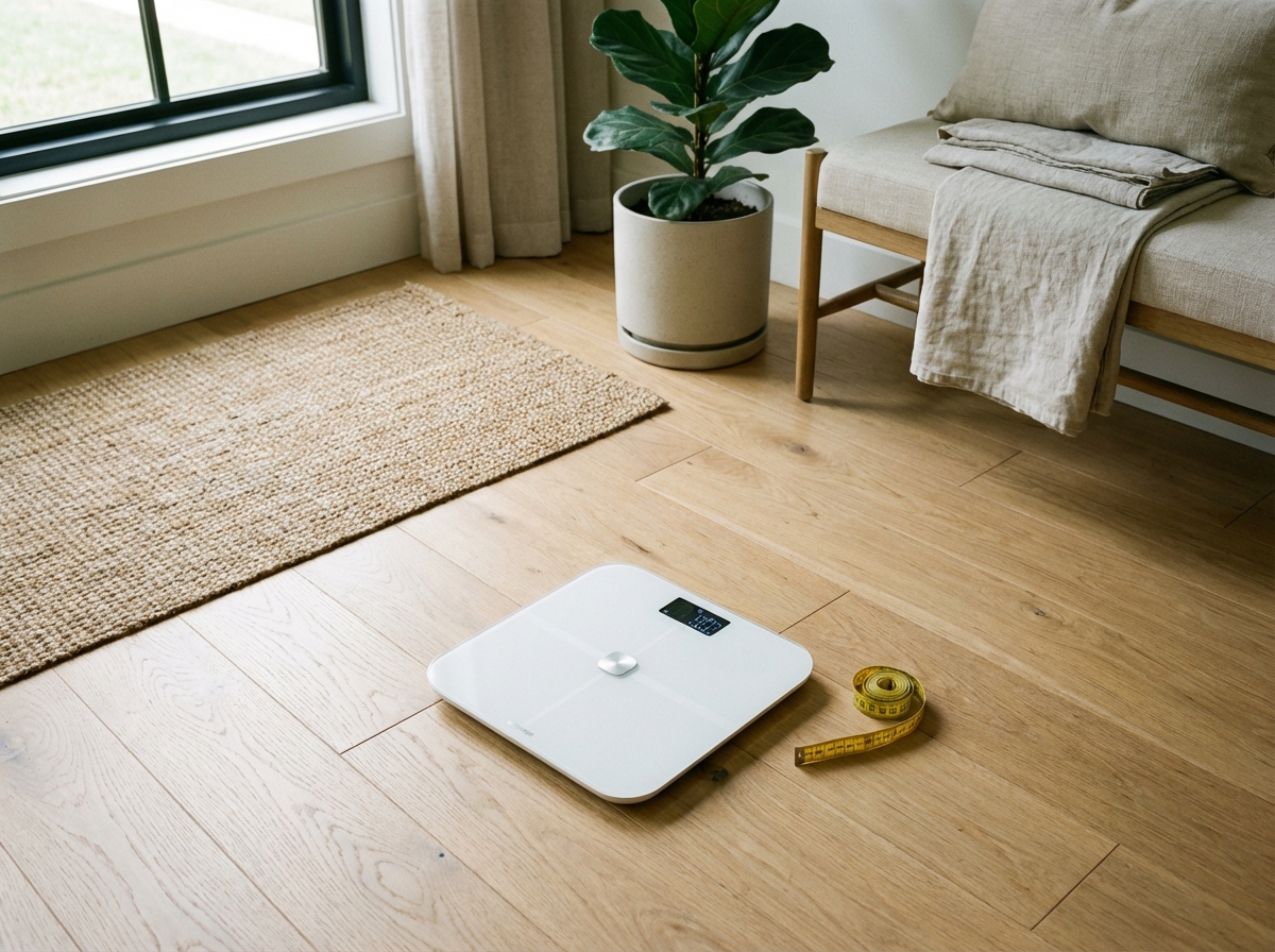 A clean lifestyle photography showing a smart scale on a wooden floor and a yellow measuring tape placed neatly beside it, modern home interior, high angle, 4:3