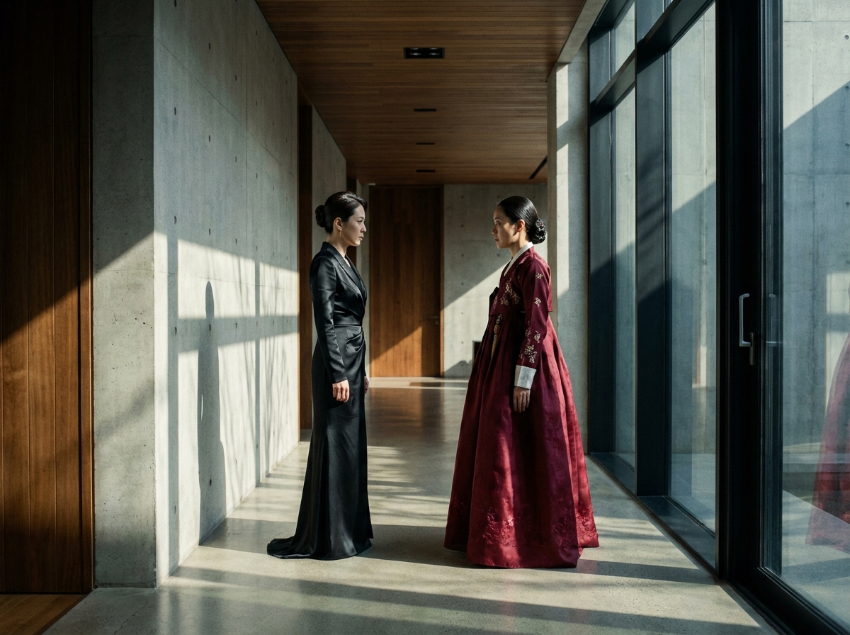 A dramatic scene depicting two Korean women in elegant outfits facing each other in a luxurious, modern mansion hallway. The atmosphere is tense and mysterious, with sharp lighting and long shadows. The style is cinematic photography, 4:3.
