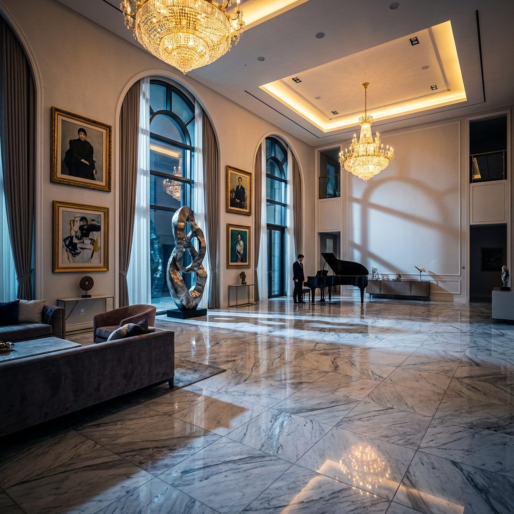 An opulent and grand interior of a Korean chaebol mansion with marble floors, high ceilings, and expensive art pieces. The lighting is golden but creates a slightly cold and sterile mood. High contrast, lifestyle photography, 1:1.