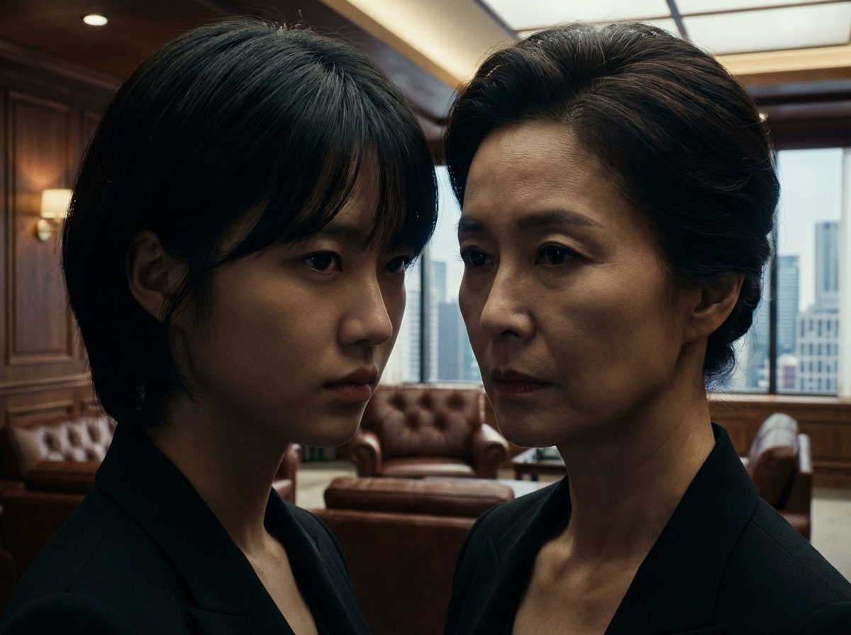 Close-up of two Korean women's faces, one young and one middle-aged, looking at each other with intense and cold expressions. The background is a blurred luxurious office. Cinematic lighting, dramatic shadows, 4:3.