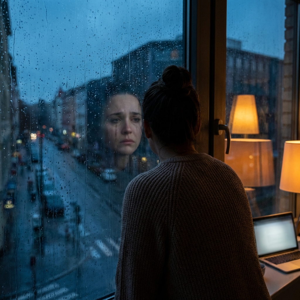 A person looking out of a window during a rainy evening in a modern apartment. The reflection of a sad face is visible on the glass. Moody lighting, warm indoor lights contrasting with the blue twilight outside, 1:1.