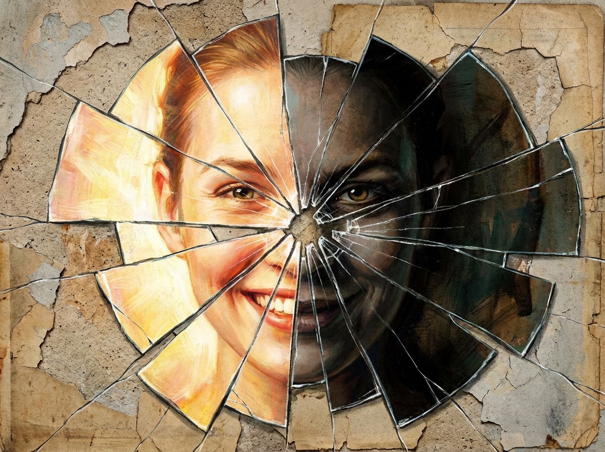 A conceptual illustration of a shattered mirror showing two different facial expressions of the same person. One side is smiling brightly while the other looks dark and scheming. Artistic rendering, textured background, 4:3.