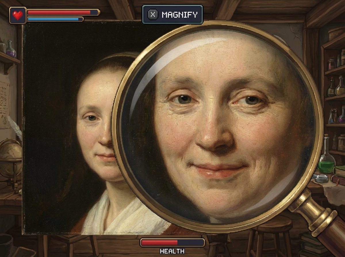 A detailed close up of a classical oil painting showing a woman with subtle differences in facial expression viewed through a magnifying glass in a video game style 4:3