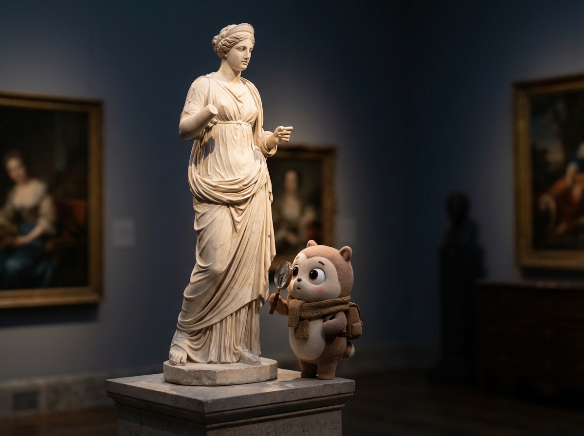 An elegant marble statue of a goddess standing in a dimly lit art gallery with a cute character looking at the details closely 4:3