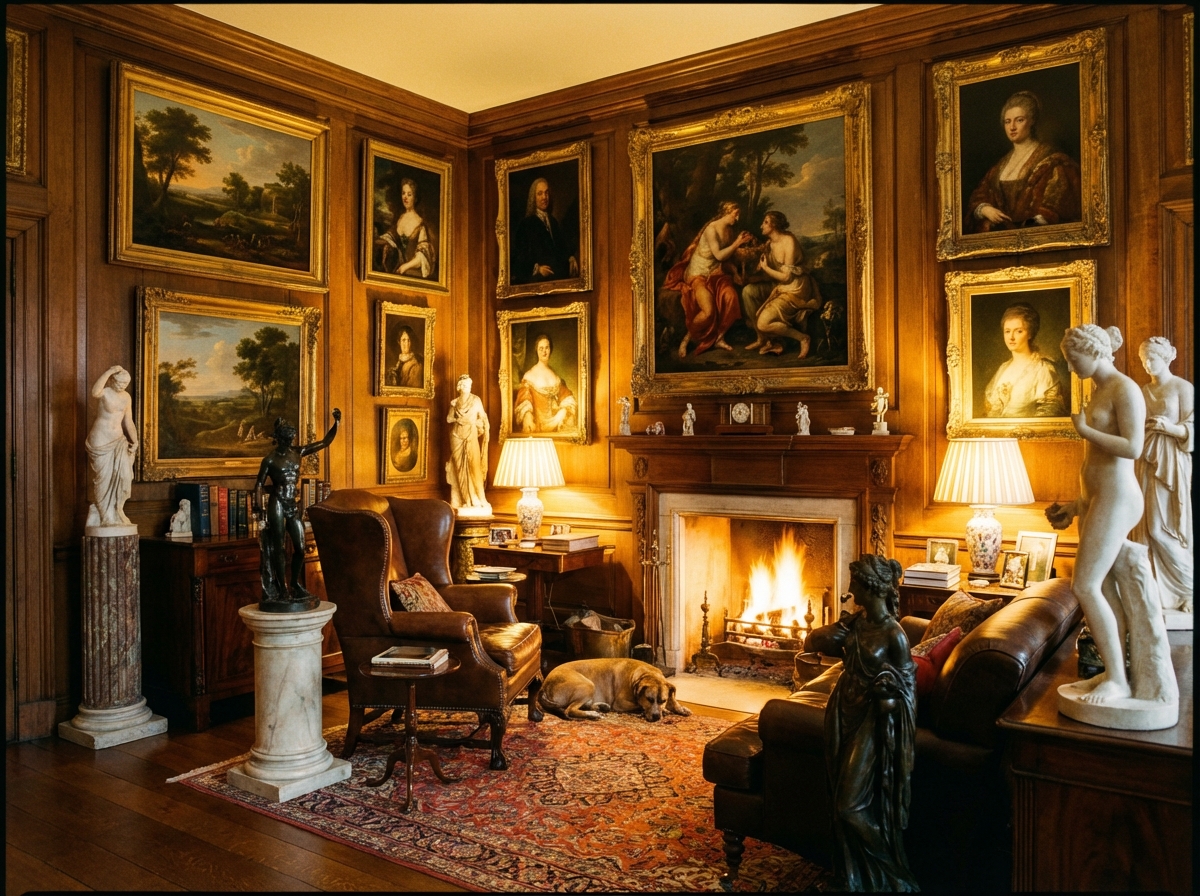 A warm and inviting indoor room decorated with various classical paintings and statues on the walls and floor creating a classic museum atmosphere 4:3