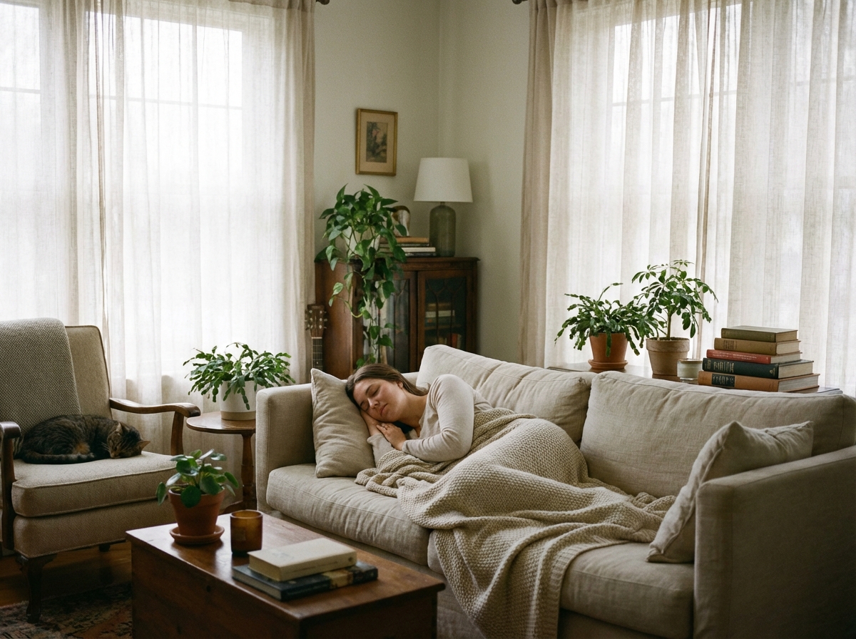 A cozy indoor living room setting with soft natural light filtering through sheer curtains. A person is comfortably resting on a stylish sofa with a light blanket, looking peaceful and refreshed. The atmosphere is calm and serene. No text. 4:3
