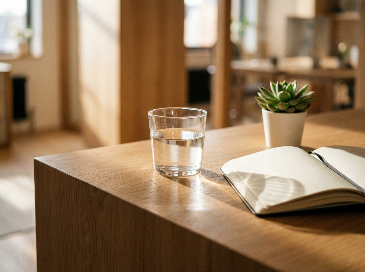 A clean and modern wooden desk with a clear glass of water reflecting soft sunlight. Beside it is a notebook and a small green plant. The background is a blurred office interior with a warm atmosphere. No text. 4:3
