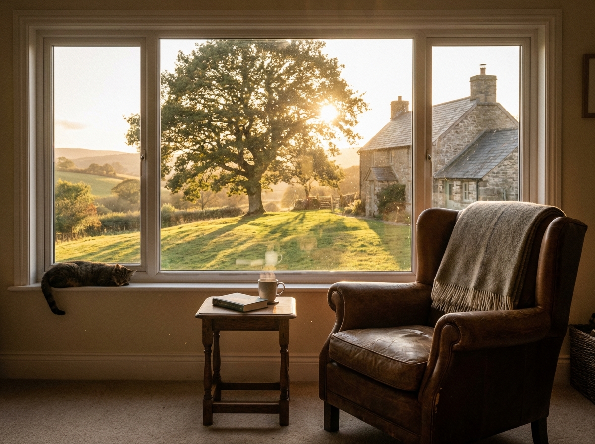 A beautiful afternoon scenery viewed through a window. The sun is golden and low in the sky, casting long shadows. Inside, a comfortable chair and a small side table create a peaceful reading nook. Warm and cozy vibes. No text. 4:3