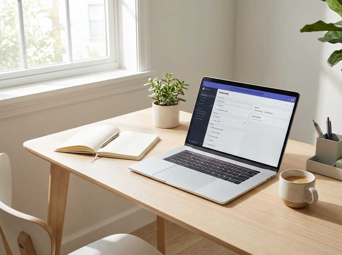 A modern and organized workspace with a laptop, a notebook, and a cup of tea. The lighting is bright and inspiring. A sense of focus and productivity is captured in the composition. No text. 4:3