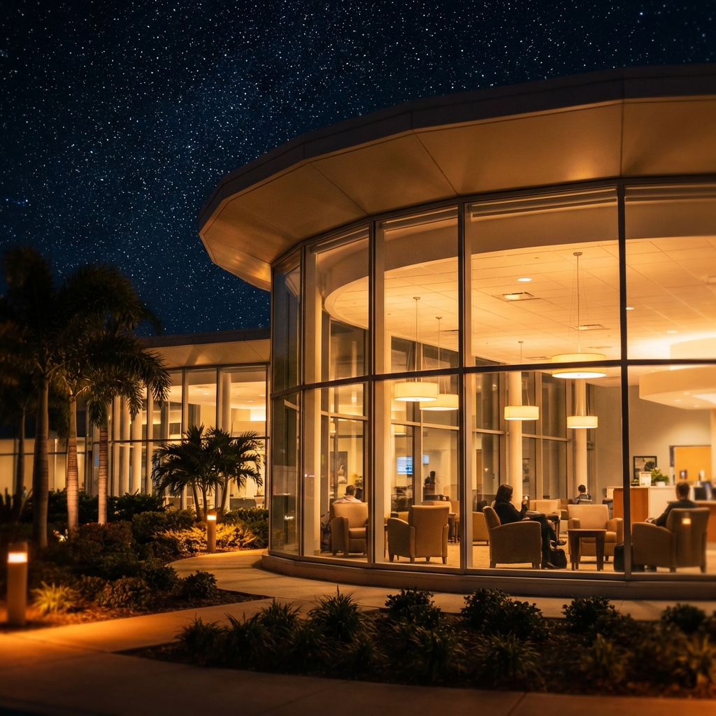 A peaceful and warm night view of an international airport terminal with a starry sky, emotional and healing atmosphere, soft lighting, modern architecture, no text, high quality, 1:1