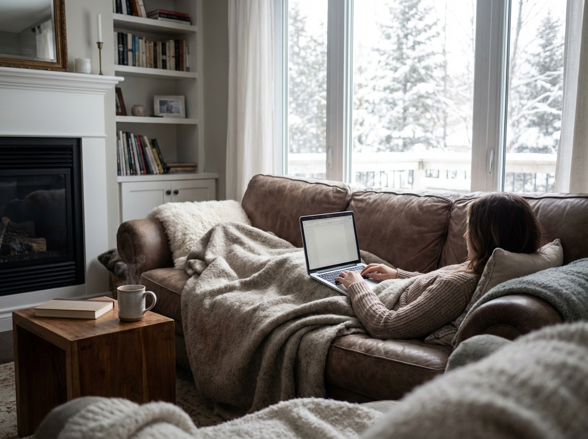 A cozy indoor scene in winter, a person relaxing on a sofa with a warm blanket and a laptop, a cup of steaming tea on a side table, natural lighting from a window, peaceful mood, no text, realistic photography, 4:3