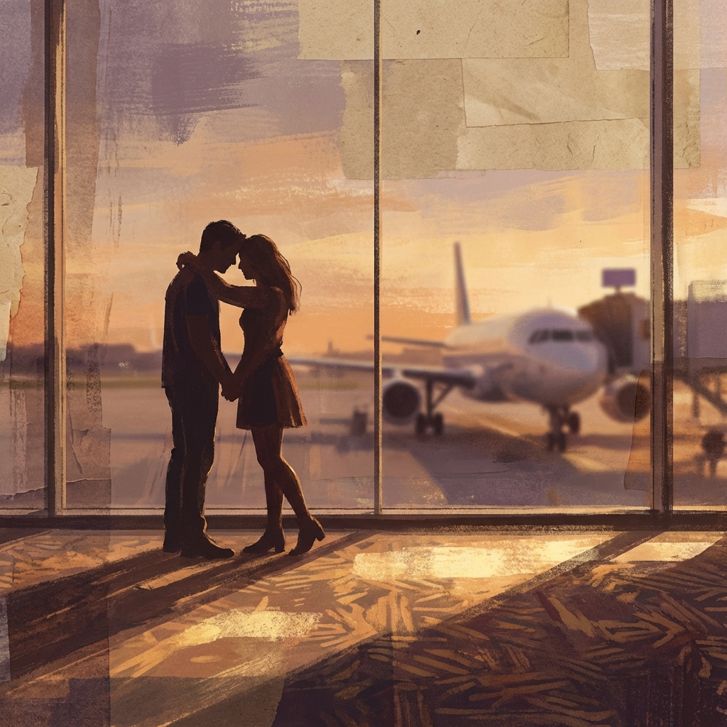 Artistic illustration of a man and a woman standing at an airport boarding gate, warm sunset glow hitting the floor, emotional and romantic atmosphere, textured background, no text, 1:1
