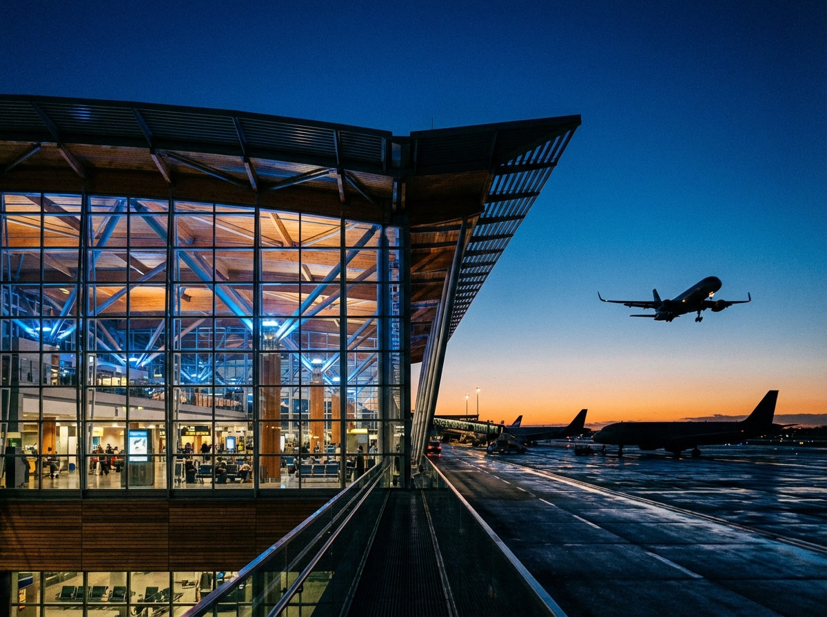 Detailed wide shot of a modern airport terminal at twilight, silhouettes of airplanes on the runway, glowing blue and amber lights, cinematic composition, high contrast, no text, 4:3
