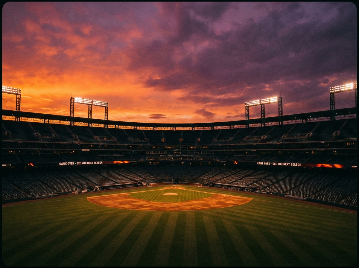 A wide cinematic shot of an empty professional baseball stadium at dusk, dramatic orange and purple sky, stadium lights beginning to flicker on, high quality photography, 4:3