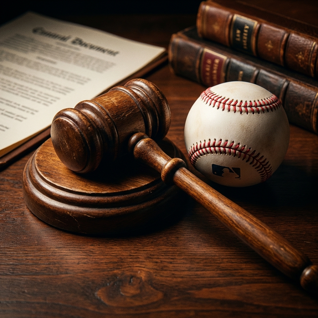 A wooden judge gavel resting on a table next to a professional baseball, high contrast, soft studio lighting, symbolic of legal disputes in sports, 1:1