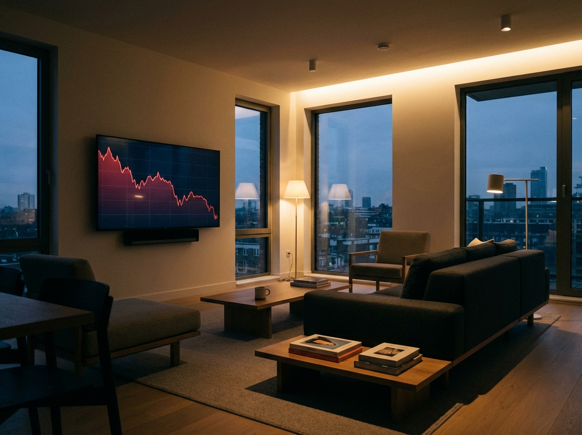 A modern living room interior with a flat screen TV showing a declining line graph, moody lighting, clean layout, lifestyle photography, 4:3