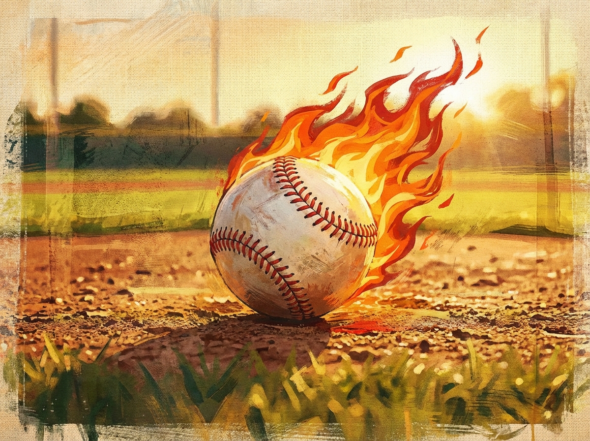 A conceptual illustration of a baseball on fire placed in the center of a pitch, golden hour lighting, artistic rendering, textured background, 4:3