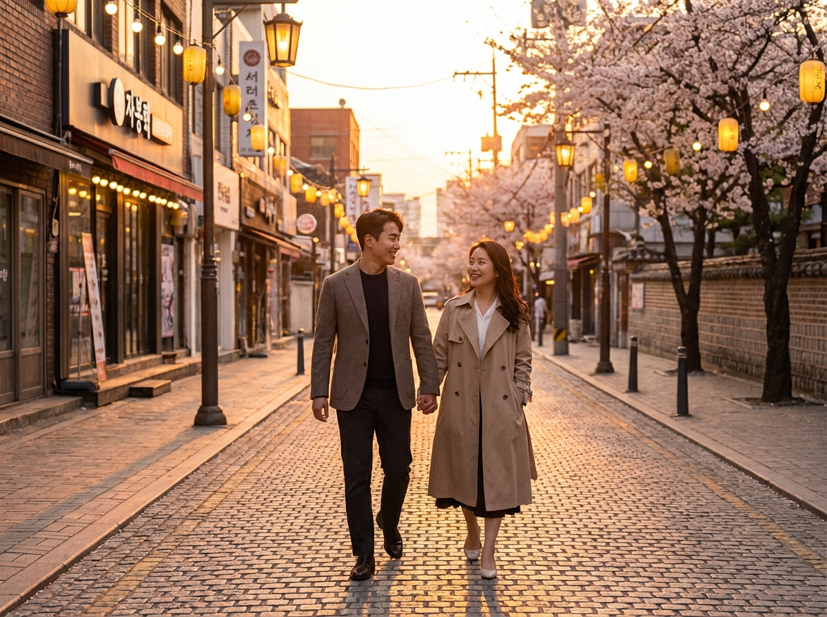 A handsome Korean man and a beautiful Korean woman walking together in a romantic city street at sunset with warm cinematic lighting. 4:3