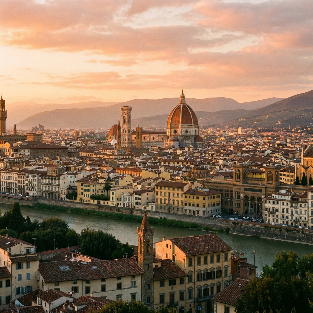A breathtaking panoramic view of Florence Italy with the Duomo cathedral and historic stone buildings under a soft orange sunset sky. 1:1