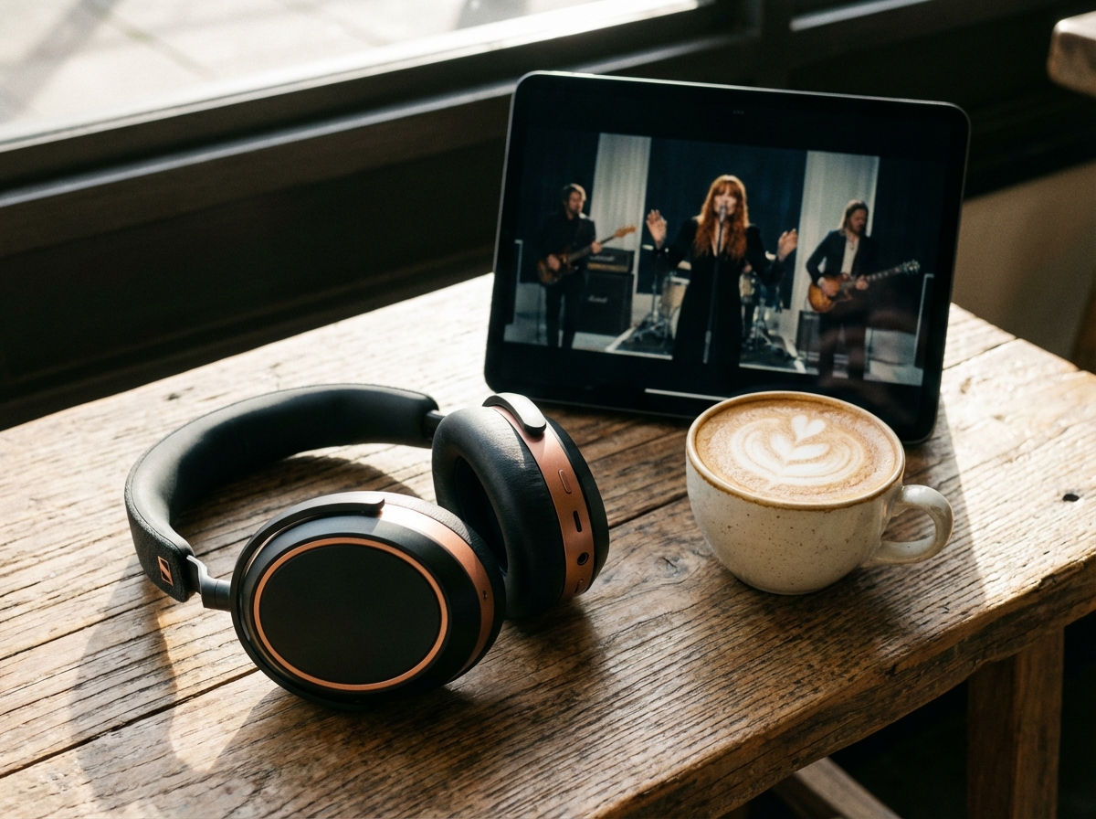 High quality wireless headphones resting on a wooden table next to a steaming cup of cafe latte and a tablet playing a music video. 4:3