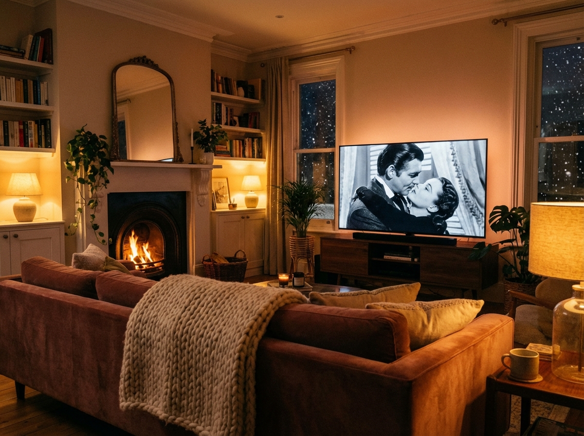 A cozy living room at night with a large television screen showing a romantic scene of two actors and a warm blanket on a sofa. 4:3