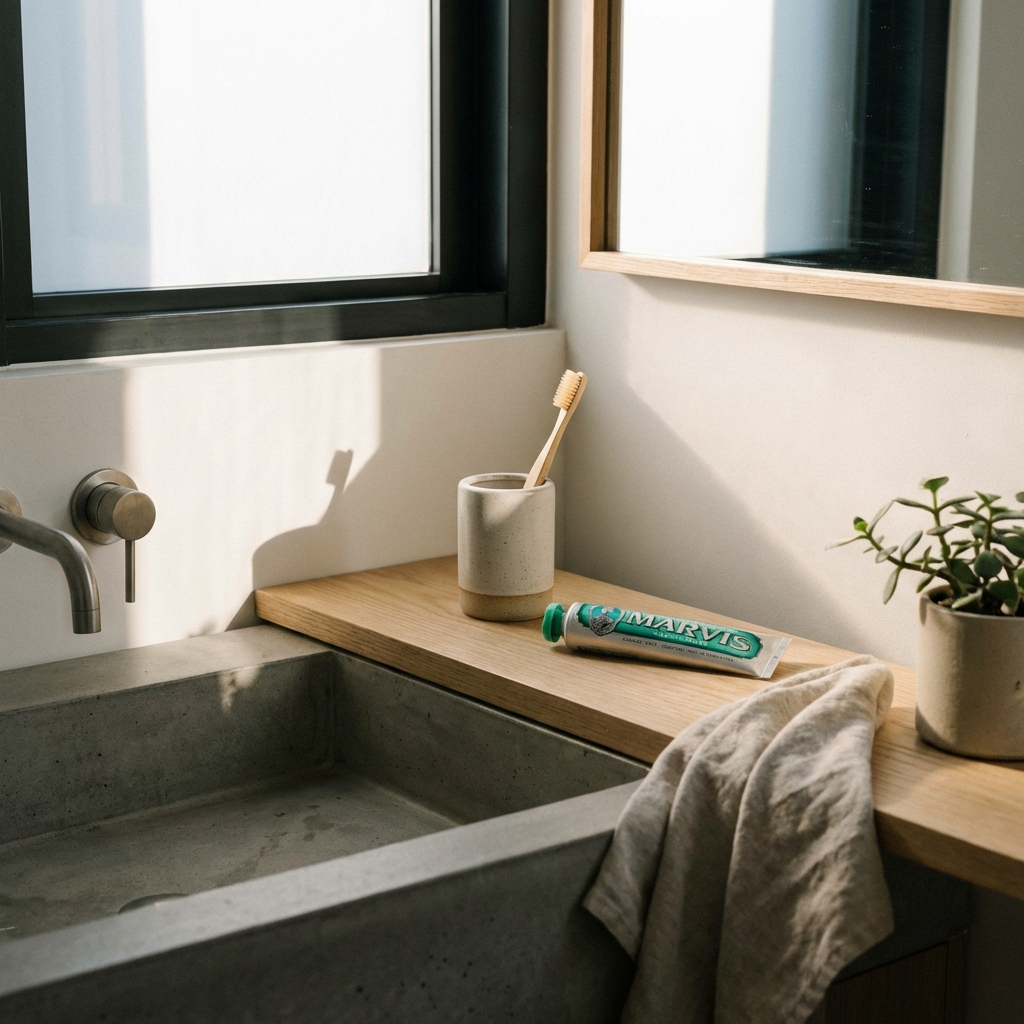 A clean and modern bathroom sink area with a tube of toothpaste and a toothbrush in a holder. Soft morning sunlight filtering through a window, minimalist aesthetic, lifestyle photography style, high quality, 1:1.