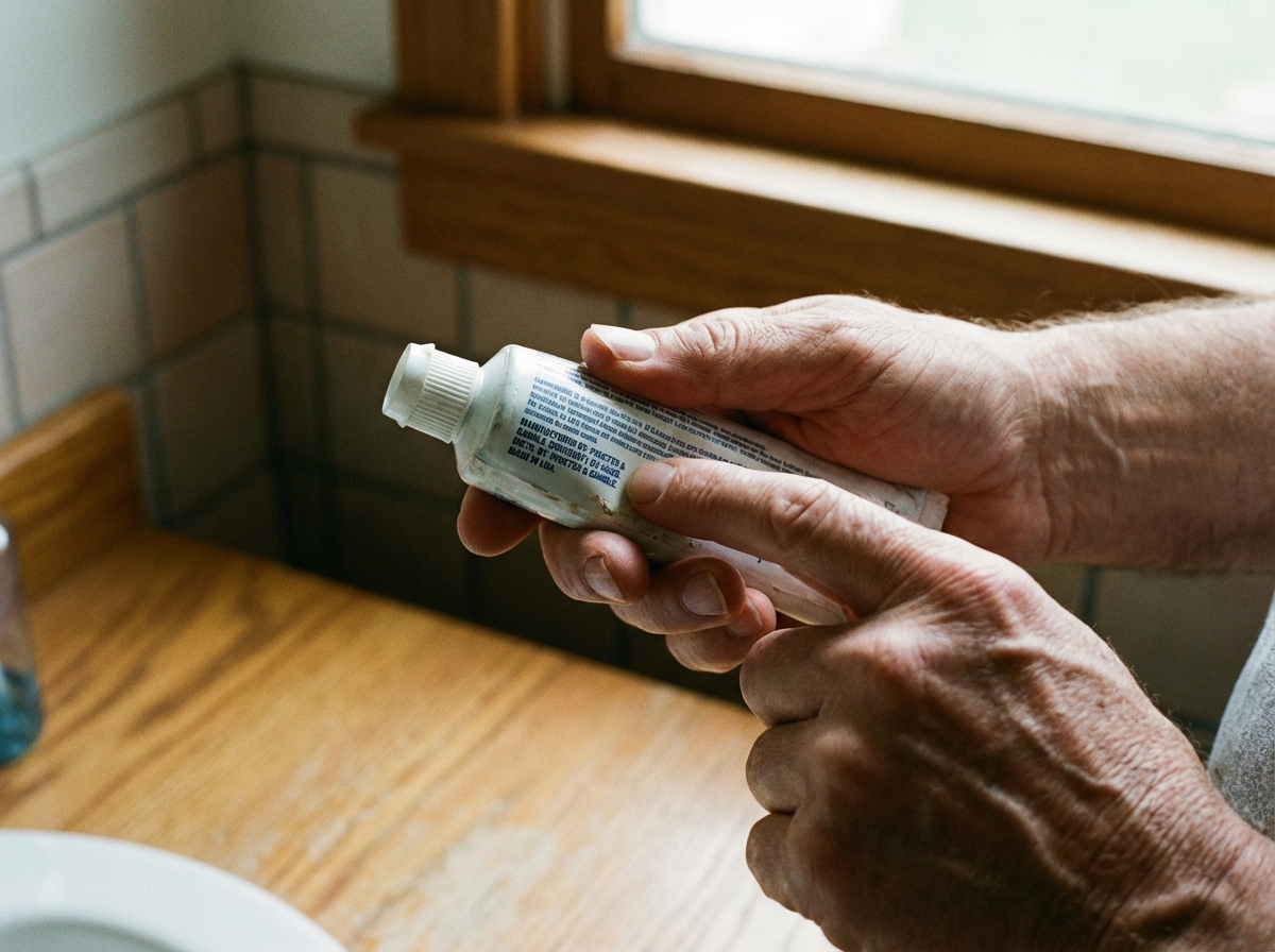 Close-up shot of a person's hands holding a toothpaste tube and pointing at the manufacturer information on the back label. Natural lighting, realistic indoor setting, focus on the text area of the label, 4:3.
