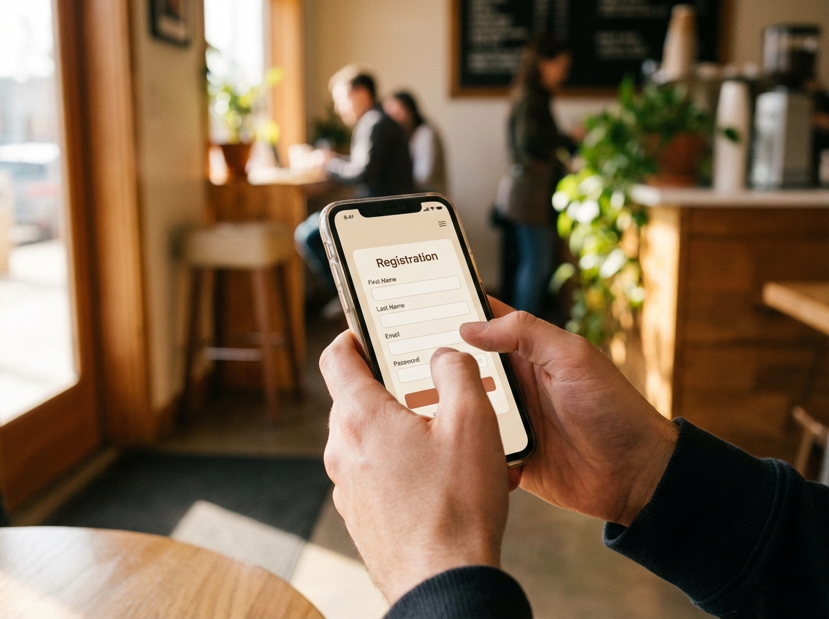 A person using a smartphone to fill out an online registration form. Focus on the screen showing a clean user interface with input fields. Modern indoor background, warm lighting, lifestyle shot, 4:3.