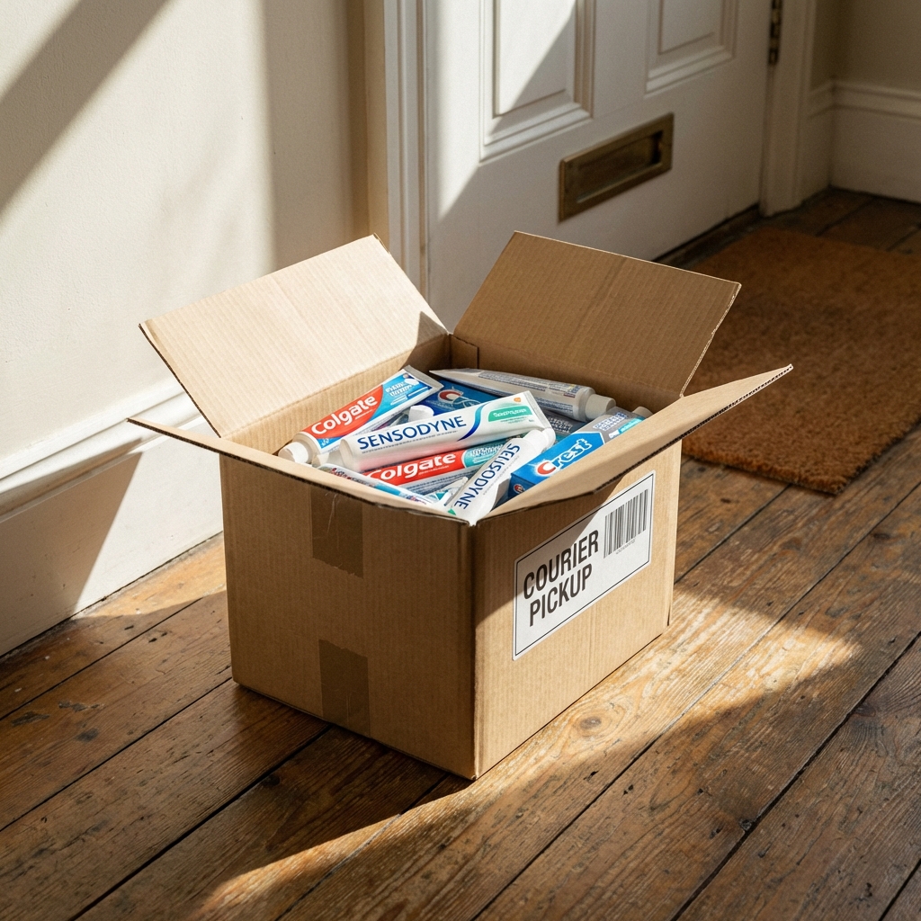 A cardboard box filled with several tubes of toothpaste, prepared for a courier pickup. The box is sitting on a wooden floor near a front door. Realistic setting, natural shadows, high resolution, 1:1.
