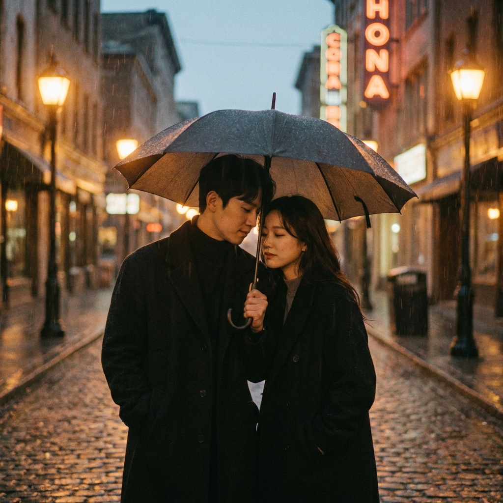 A cinematic and emotional scene of a Korean man and woman standing together in a light rain, soft warm streetlights in the background, romantic and nostalgic atmosphere, high quality photography, no text, 1:1