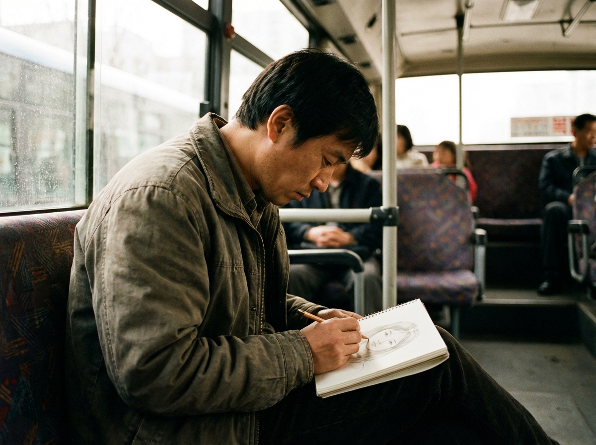 A Korean man sitting by a bus window, focused on drawing a beautiful girl sketch in a small notebook, nostalgic 2000s bus interior, soft natural daylight, realistic photography, no text, 4:3