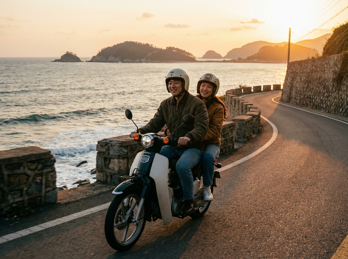 A Korean couple riding a small vintage motorcycle along a coastal road, evening sunset glow, ocean waves in the background, cinematic lighting, realistic style, no text, 4:3