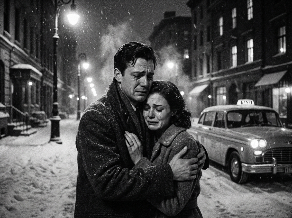 A emotional scene of a man and woman saying goodbye on a snowy city street at night, black and white cinematic photography, grainy film texture, melancholy atmosphere, no text, 4:3