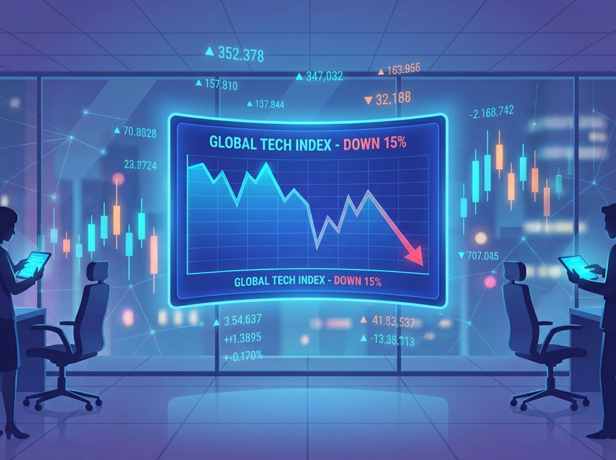 A professional digital illustration of a stock market index graph showing a downward trend on a glowing blue screen, surrounding by abstract financial data points and candlestick charts, modern and high-tech office atmosphere, cool tones, 4:3