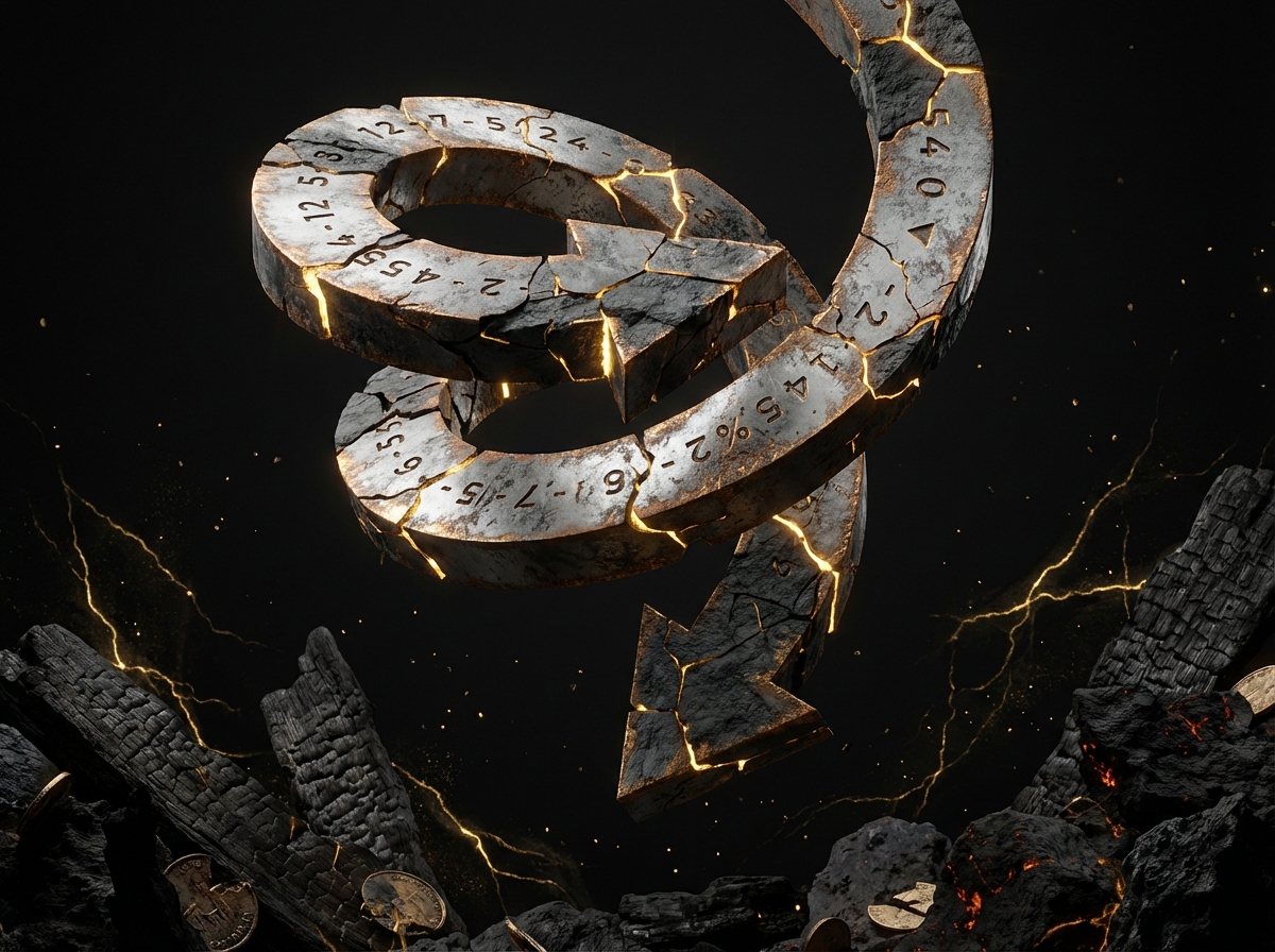 An artistic 3D rendering of a spiraling downward arrow representing negative compounding effect, floating over a dark textured background with subtle golden light accents, high contrast, minimalist and conceptual, 4:3