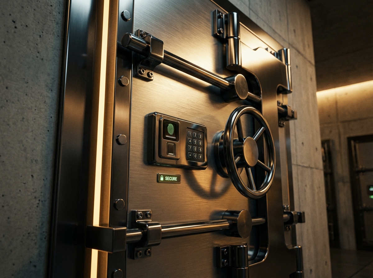 A realistic close-up photo of a modern high-security safe box in a dimly lit vault, light gleaming off the metallic surface, conveying safety and asset protection, warm professional lighting, 4:3