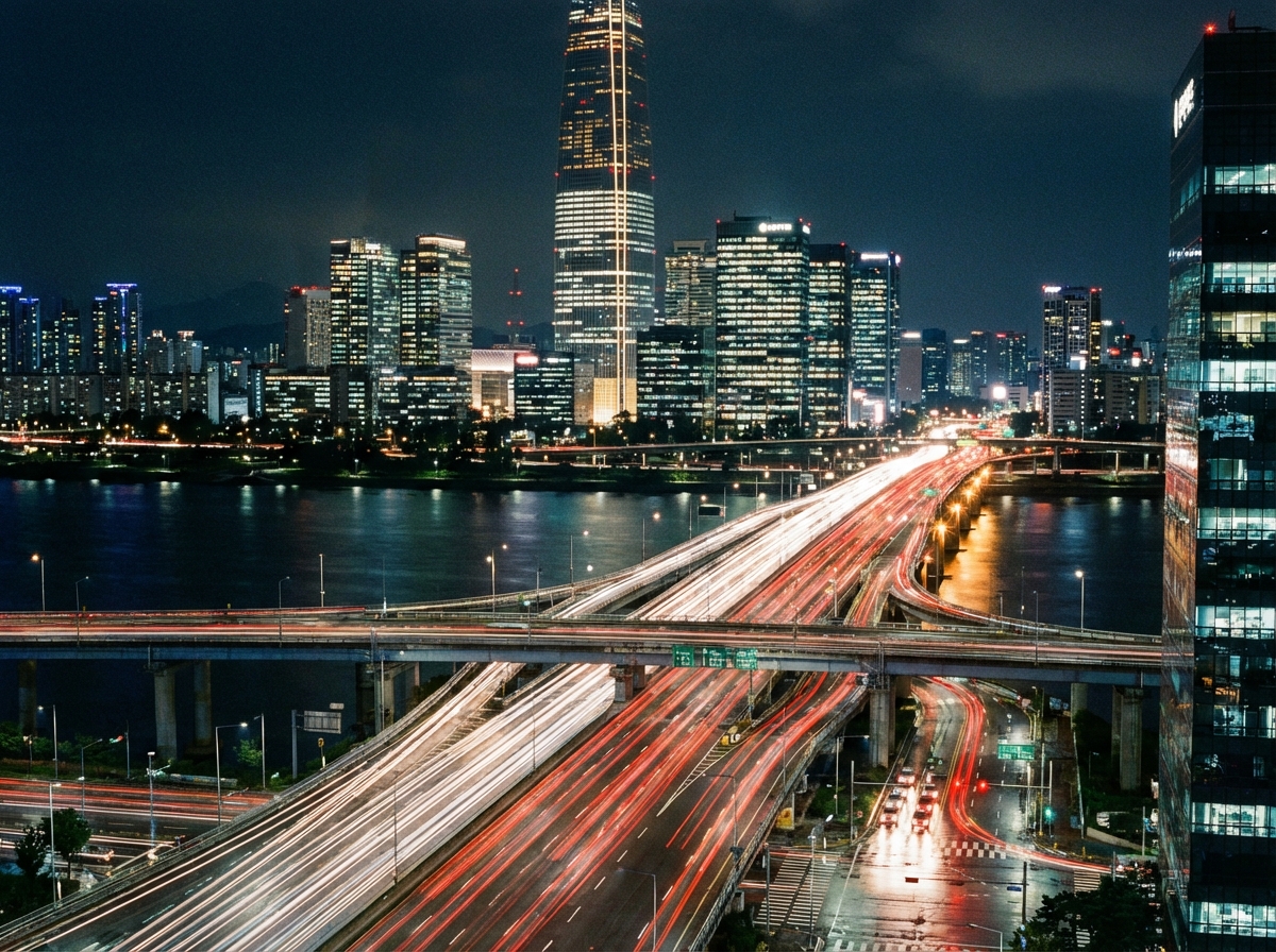A long exposure night photography of a busy financial district in Seoul, blurred car lights creating light trails, skyscrapers with glowing windows, representing the fast-paced and volatile market, 4:3