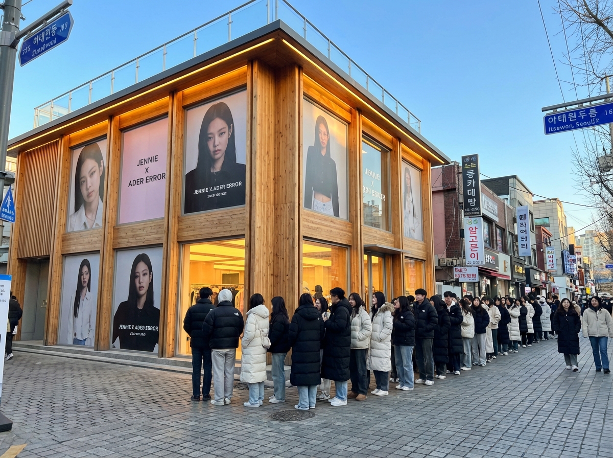 A trendy pop-up store exterior in Itaewon, Seoul. Large aesthetic posters of a female K-pop idol are displayed on the glass windows. People are waiting in a neat line outside under a clear winter sky. Modern architecture with warm lighting. 4:3