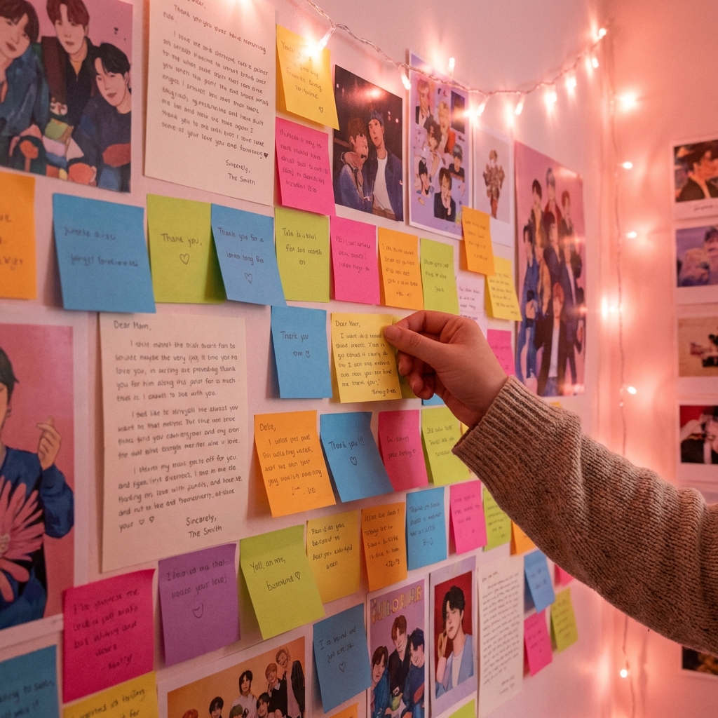 A wall covered with colorful sticky notes and letters from fans. The wall is decorated with stylish posters and soft pink lighting. A hand is sticking a new note onto the wall. Emotional and heartwarming atmosphere. 1:1